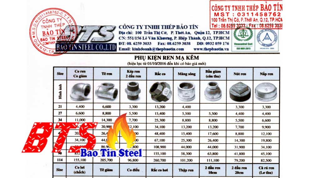 Bảng báo giá phụ kiện ren mạ kẽm